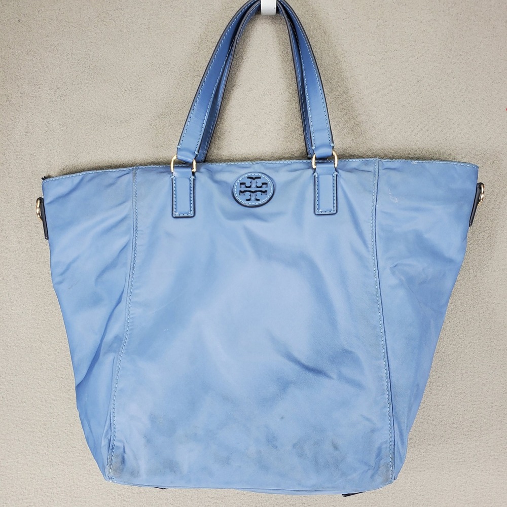 Tory Burch Tilda Nylon Tote Bag Blue Gold Logo Zip Top Shoulder Bag No Strap